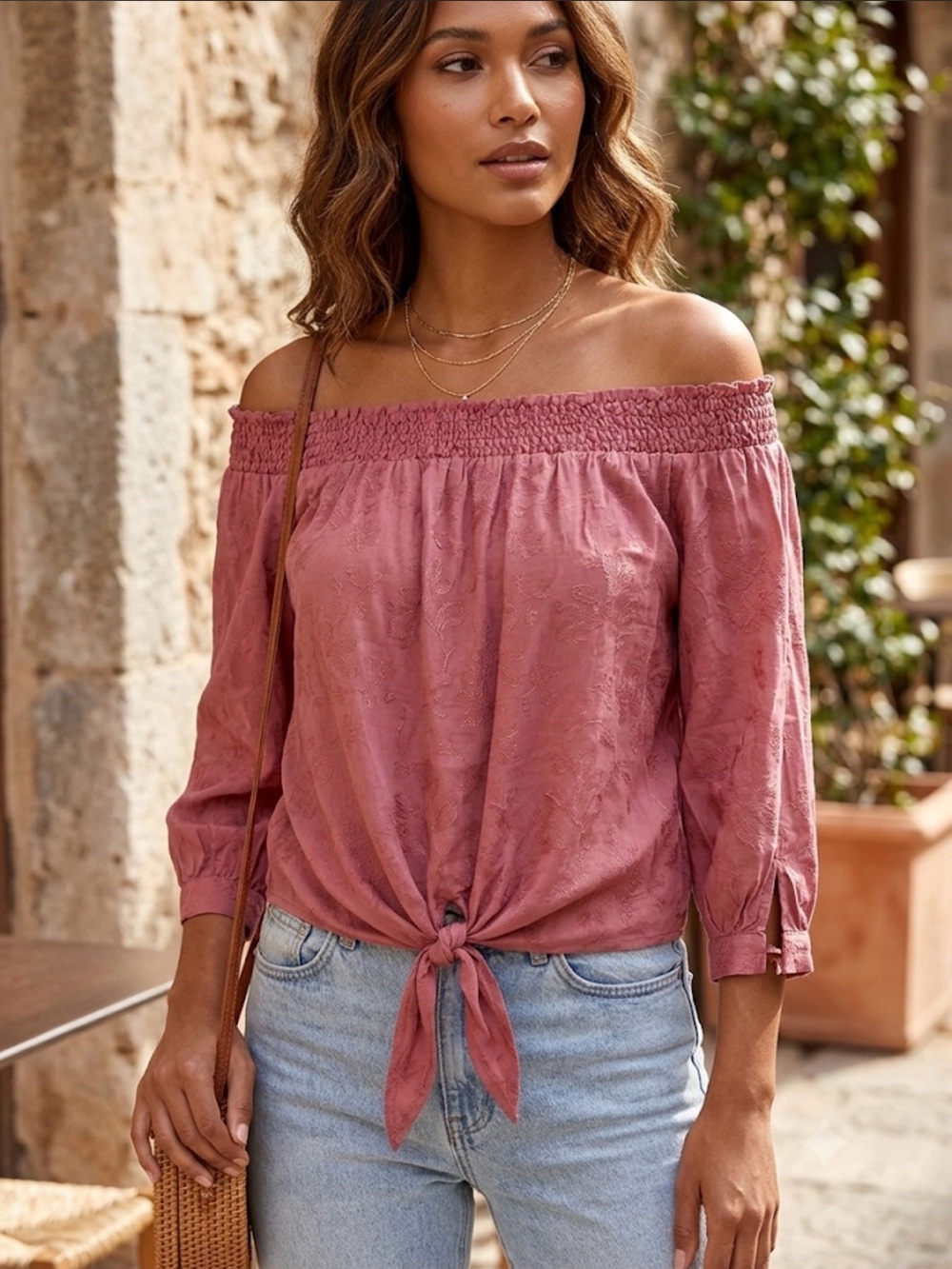 NWT Dynamite Women’s Off-Shoulder Tie-Front Top in Dusty Rose
